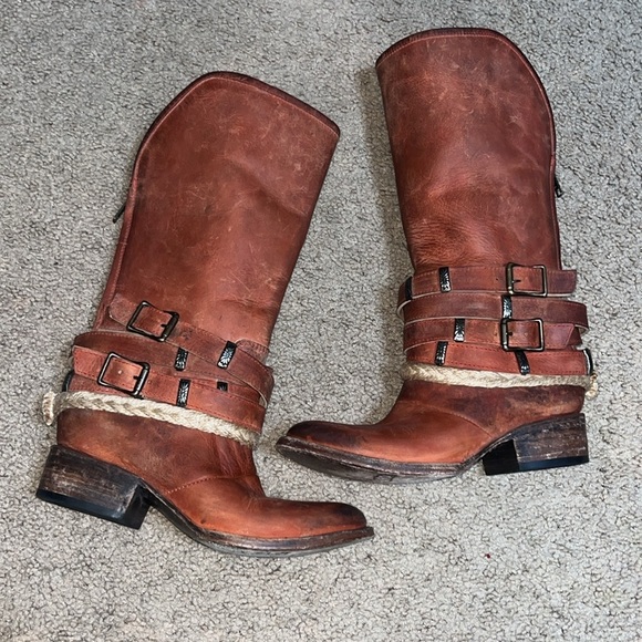 Freebird by Steven Drove Leather Riding Boot Braided Twine Buckles Rare Red 6 - Picture 2 of 11